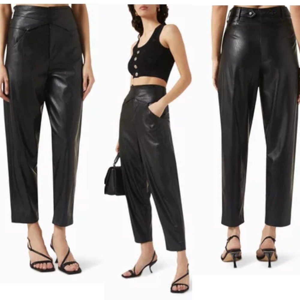 PINKO Black Shelby faux leather high waisted trousers pants carrot fit belted 10